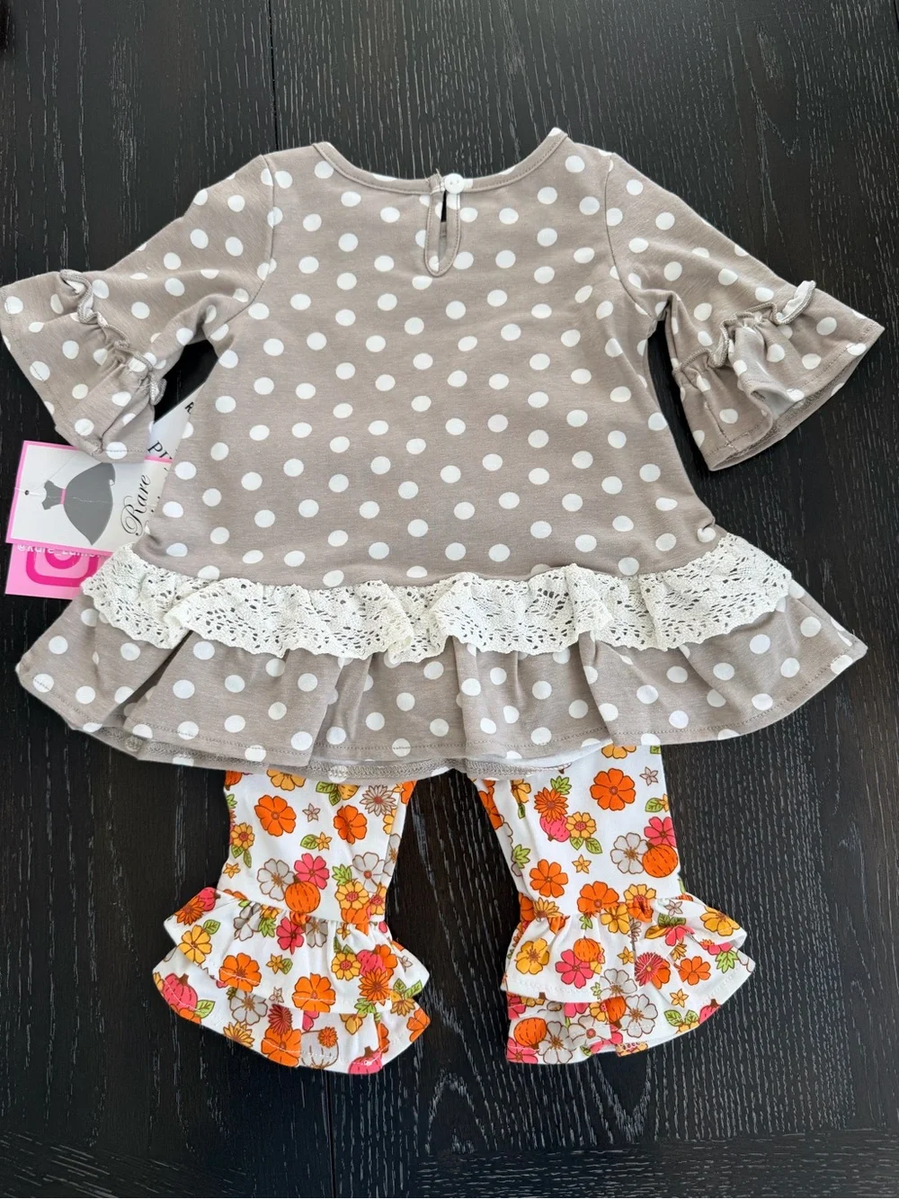 Rare Editions Gray Polka Dot Pumpkin Tunic & Floral Ruffle Leggings Set